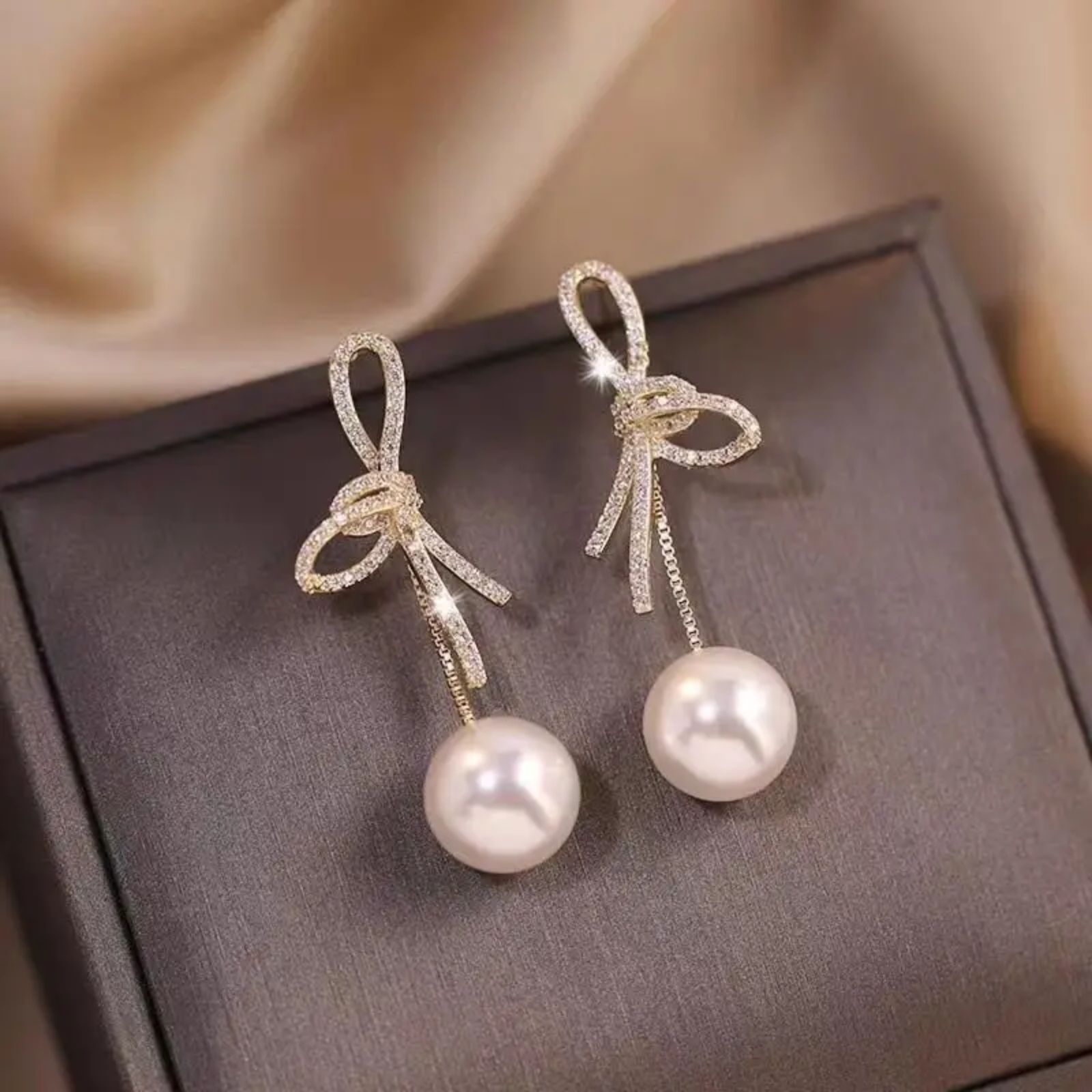 Wicked Silk Elegant Classy Jeweled Bow And Pearl Dangling Earrings